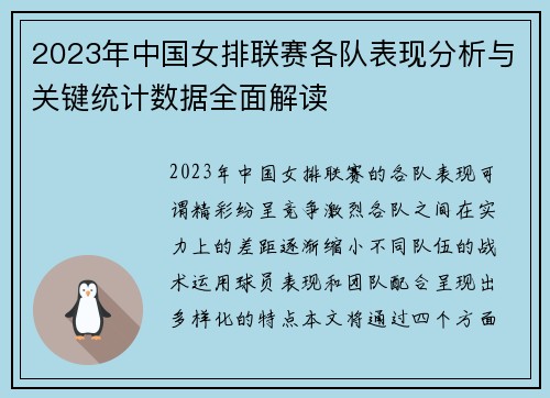 2023年中国女排联赛各队表现分析与关键统计数据全面解读